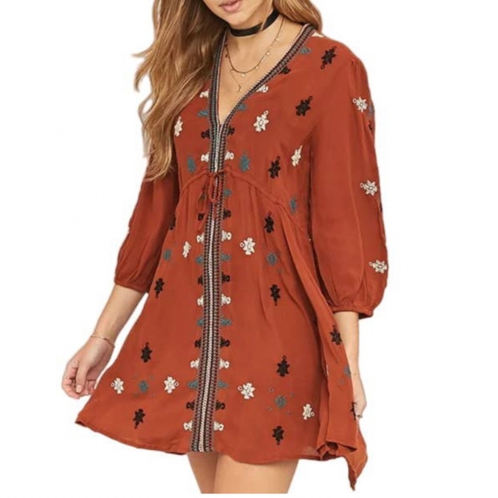 Free People Star Gazer Embroidered Dress Brown Size Small - Picture 2 of 12